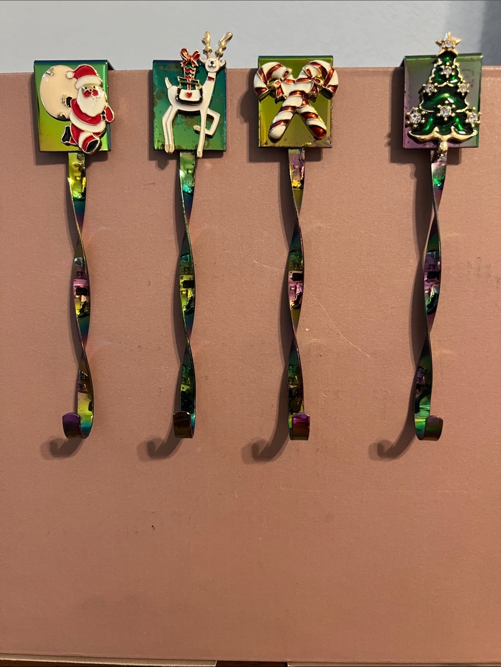Iridescent Rainbow Metal Stocking Hooks with Christmas Charms (Set of 4)